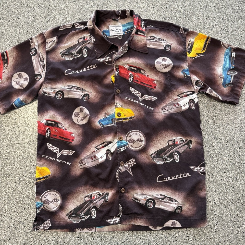 David Carey Originals Shirt Mens L Button Up Short Sleeve Corvette AOP Brown